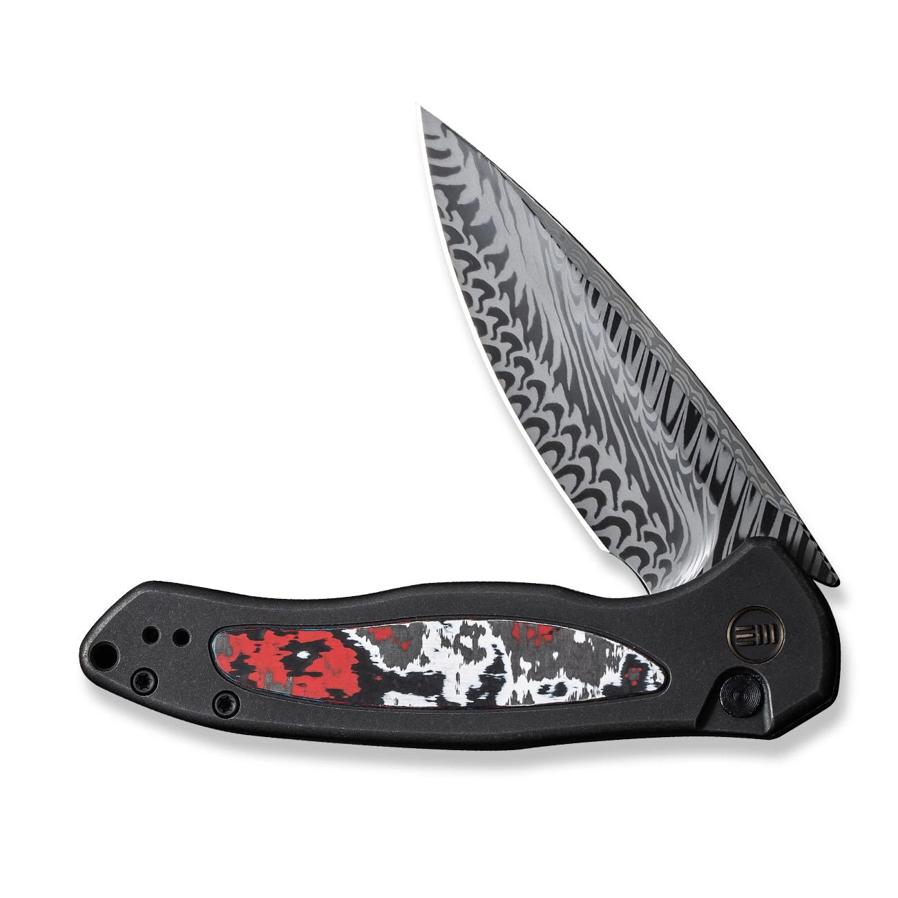 WEKNIFE Button Lock Kitefin Flipper Knife Black Titanium Handle With Nebula Fat Carbon Fiber Inlay (3.22" Fafnir Damasteel Blade) WE19002N-DS1 7 WEKNIFE Button Lock Kitefin Flipper Knife Black Titanium Handle With Nebula Fat Carbon Fiber Inlay (3.22" Fafnir Damasteel Blade) WE19002N-DS1 - Image 5