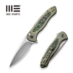 WEKNIFE Button Lock Kitefin Flipper Knife Green Titanium Handle With Jungle Wear Fat Carbon Fiber Inlay (3.22" Hand Polished Satin CPM 20CV Blade) WE19002N-2