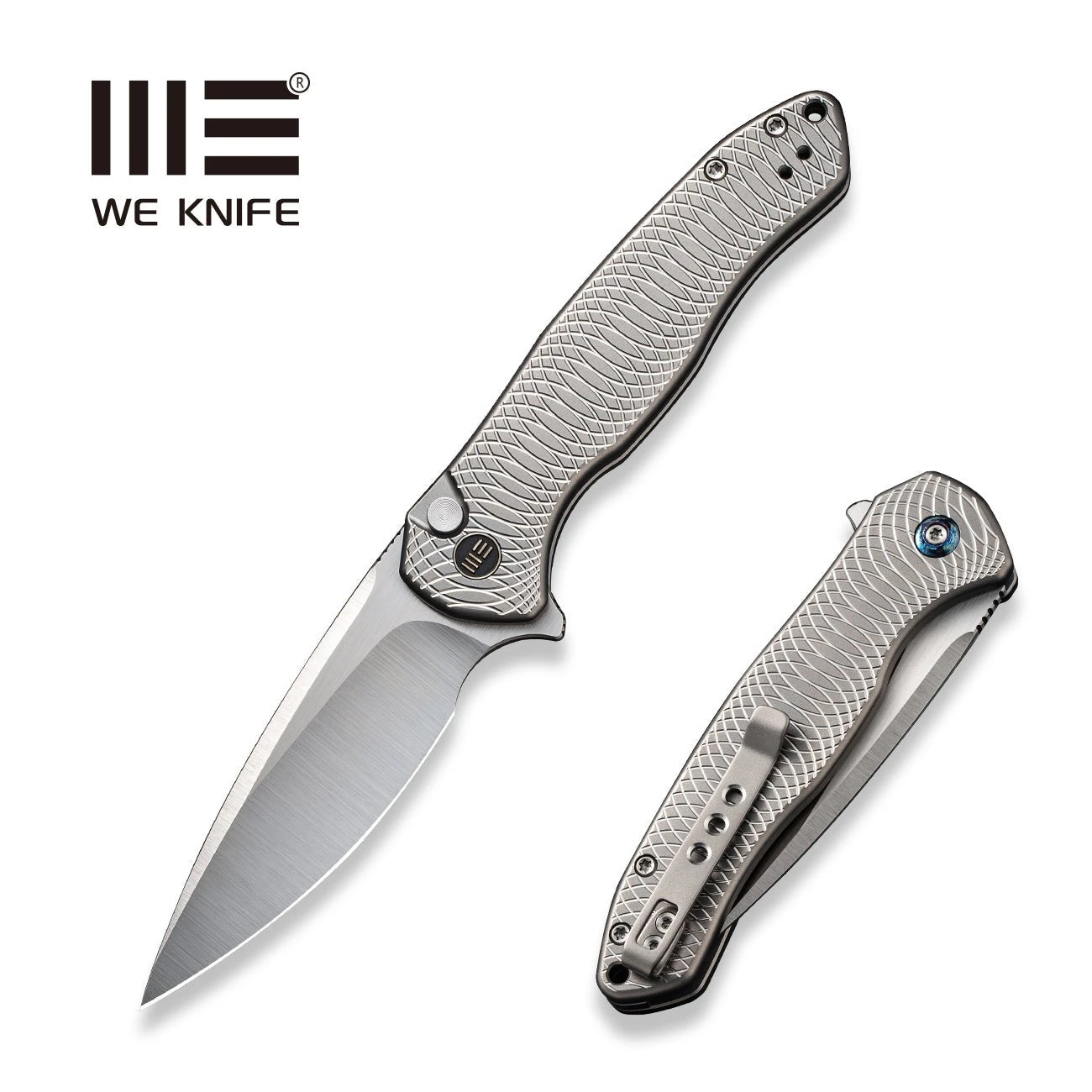 WEKNIFE Button Lock Kitefin Flipper Knife Satin Polished Ripple Patterned Gray Titanium Handle (3.22" Hand Polished Satin CPM 20CV Blade) WE19002M-2 3 WEKNIFE Button Lock Kitefin Flipper Knife Satin Polished Ripple Patterned Gray Titanium Handle (3.22" Hand Polished Satin CPM 20CV Blade) WE19002M-2