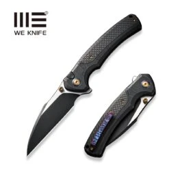WEKNIFE Ziffius Flipper & Thumb Stud & Button Lock Knife Black Stonewashed With Etching Pattern Titanium Handle With Twill Carbon Fiber Integral Spacer (3.7" Black Stonewashed CPM 20CV Blade, Satin Flat) WE22024A-4